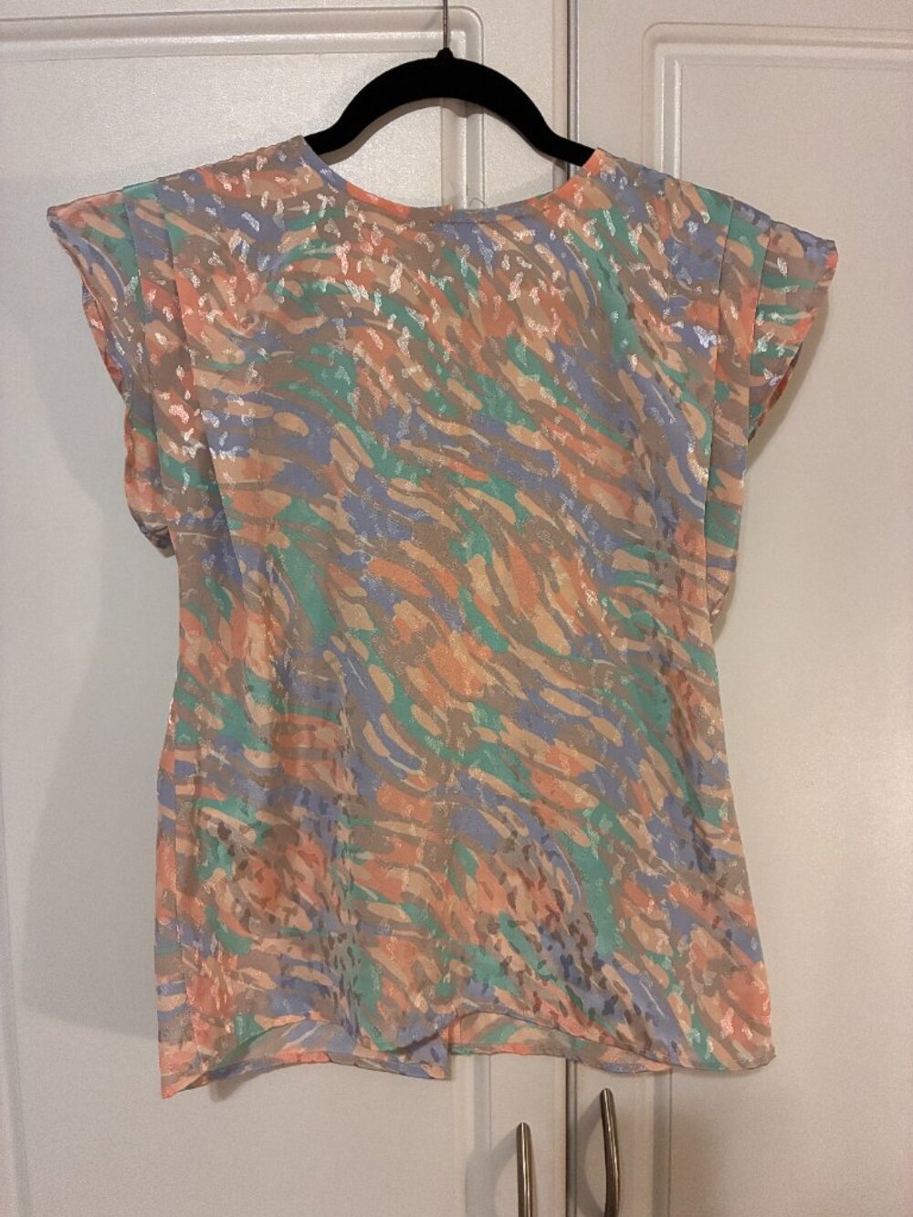 Vintage Pastel Multi-color Abstract Print Blouse w/ Button-up Back (S)